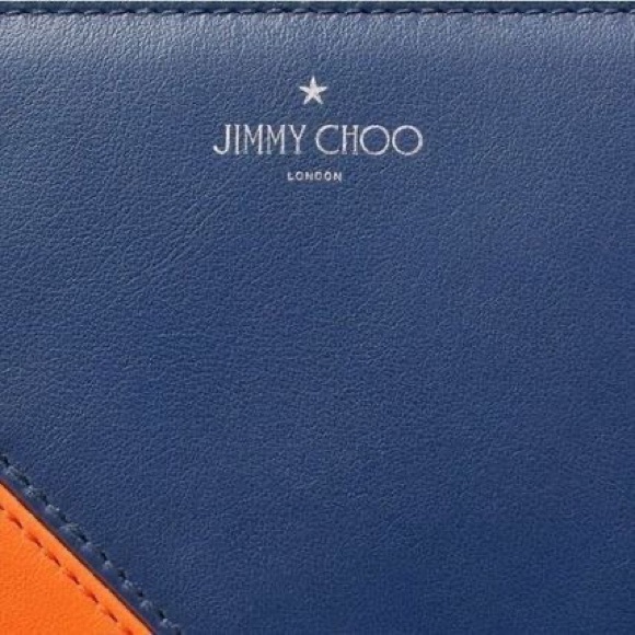 Like New Unisex Jimmy Choo Zip-around Leather Continental Wallet In Navy/Orange - Picture 3 of 14
